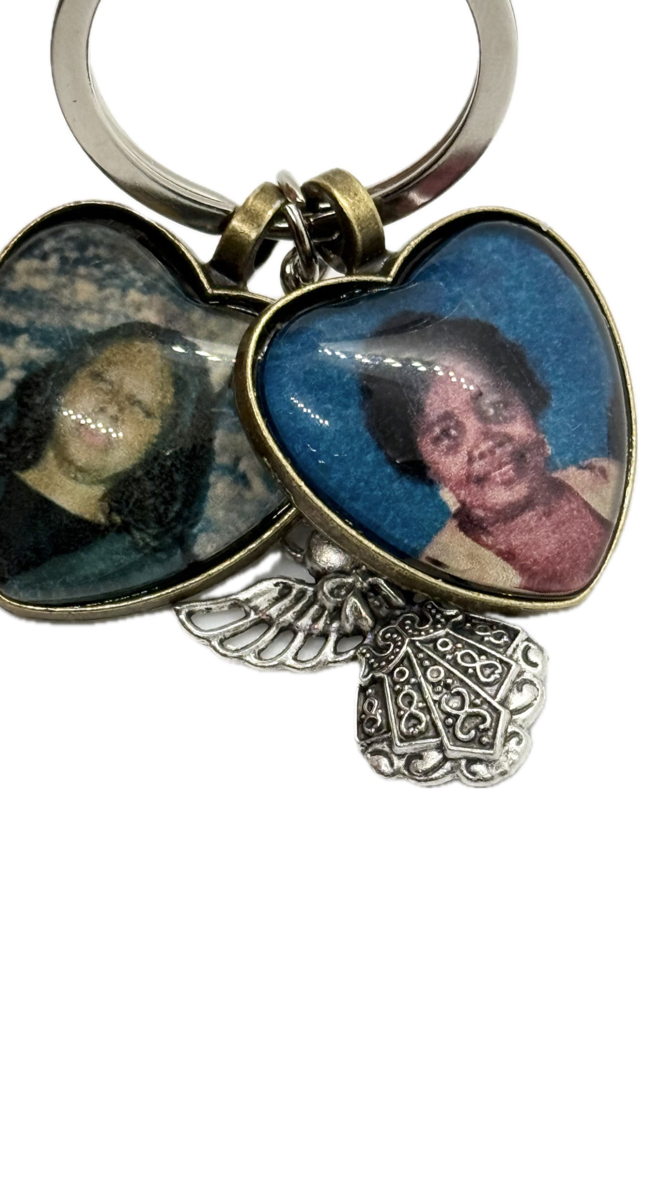 Two Heart Pendant Keyring With Guardian Angel